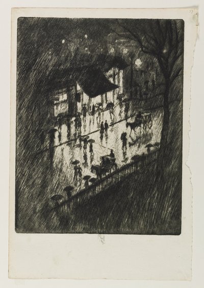 Regenachtige nacht, Charing Cross Shops, 1903 door Joseph Pennell