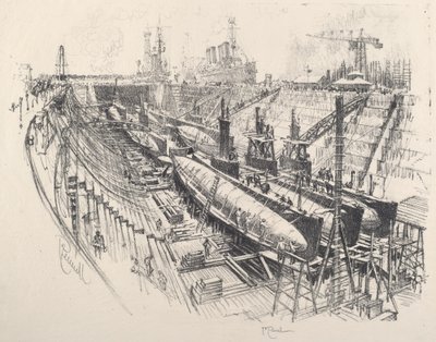 Onderzeeërs in droogdok door Joseph Pennell