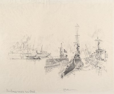 Onderzeeërs in de haven, 1917 door Joseph Pennell