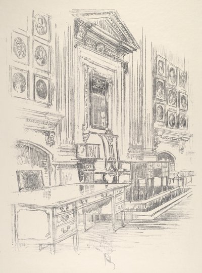Tafel en stoel, ondertekenaarskamer, Independence Hall door Joseph Pennell