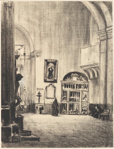 Het doopvont van Cervantés, Santa Maria la Mayor, Alcalá door Joseph Pennell