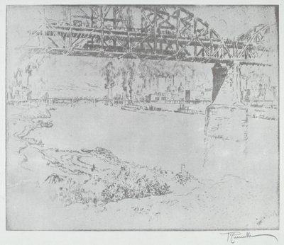 De stadsbrug, St. Louis [onder], in of na 1919 door Joseph Pennell