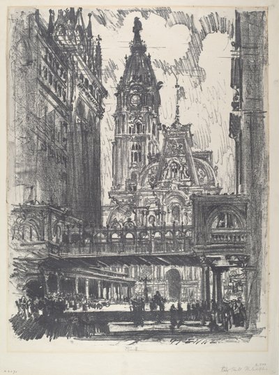 Het stadhuis en de brug over Market Street door Joseph Pennell