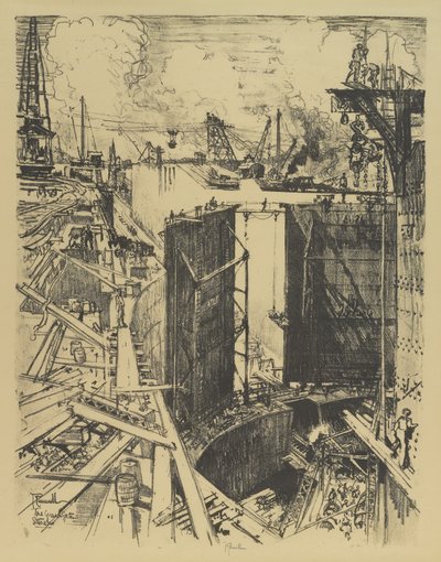 De sluispoort, Gatun Lock, 1912 door Joseph Pennell