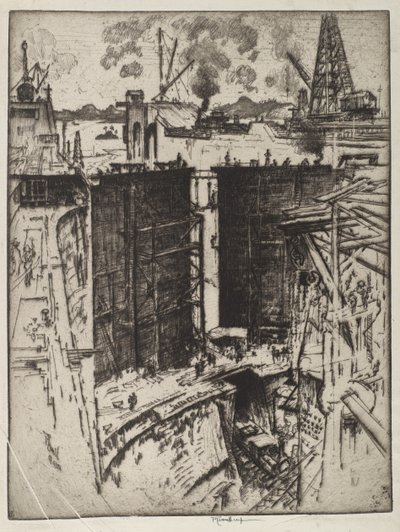 De sluispoort, Gatun Lock, Panama, 1912 door Joseph Pennell
