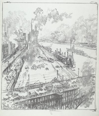 De Dijk van Eads Brug, St. Louis door Joseph Pennell