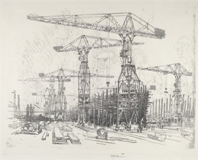 De oude scheepswerf door Joseph Pennell