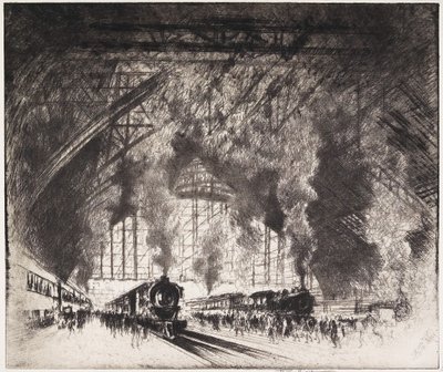 De treinen die komen, en de treinen die gaan, Pennsylvania Railroad, Philadelphia, 1919 door Joseph Pennell