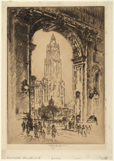 Het Woolworth Building door de boog door Joseph Pennell
