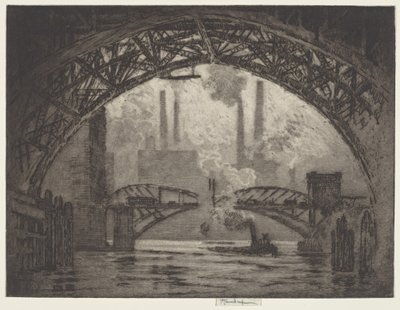 Onder de bruggen, Chicago door Joseph Pennell