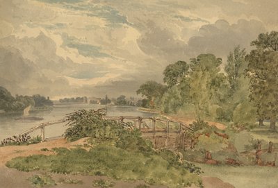 Rivierlandschap met sluis op de voorgrond door Joseph Powell