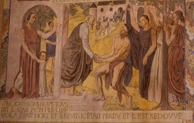 De Verloren Zoon. Fresco in de kathedraal van Nanterre door Joseph Radan