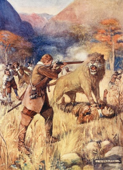 Een grote leeuw sprong op een van de mannen door Joseph Ratcliffe (after) Skelton