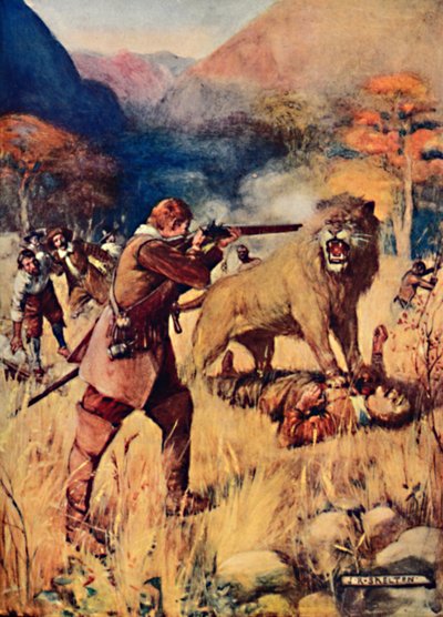 Een grote leeuw sprong op een van de mannen door Joseph Ratcliffe Skelton