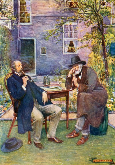 Carlyle (rechts) en Tennyson praten en roken door Joseph Ratcliffe Skelton