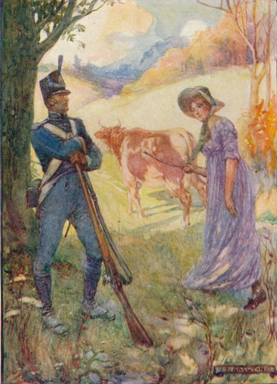 Een koe voor zich uit drijvend, passeerde Laura Secord de Amerikaanse wachtposten, c1909, c1920 door Joseph Ratcliffe Skelton
