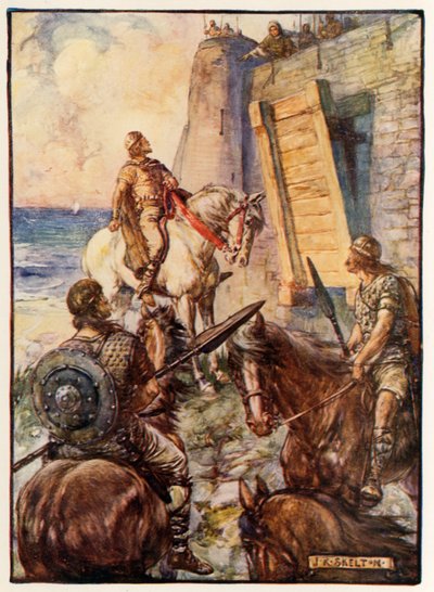 Macbeth wordt de toegang geweigerd door Lady Macduff terwijl haar man ontsnapt over zee door Joseph Ratcliffe Skelton