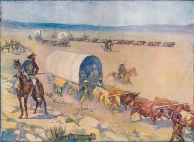De ossenwagens kronkelen langzaam over de golvende vlaktes door Joseph Ratcliffe Skelton