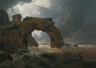 Zee storm bij de Arco di Miseno bij Miliscola met uitzicht op Nisida door Joseph Rebell