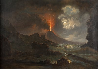 Uitbarsting van de Vesuvius bij nacht met uitzicht op de Scuola di Virgilio door Joseph Rebell