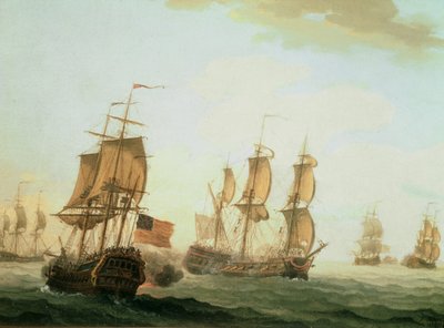 Naval Engagement tussen een Britse Oost-Indiëvaarder en een Frans oorlogsschip door Joseph Roux