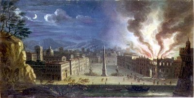 Een piazza in een Italiaanse havenstad met een brandend gebouw 