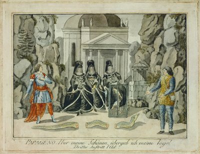 Tamino en Papageno met de drie dames ... (gravure) door Joseph Schaffer