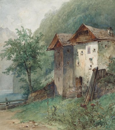 Huizen aan een bergmeer door Joseph Selleny
