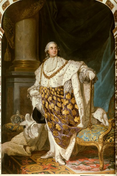Portret van de koning van Frankrijk Lodewijk XVI in kroningskostuum (1754-1793) Hij draagt de ketting van de Orde van de Heilige Geest - Schilderij uit het Atelier van Joseph Siffred Duplessis (1725-1802) door Joseph Siffred Duplessis