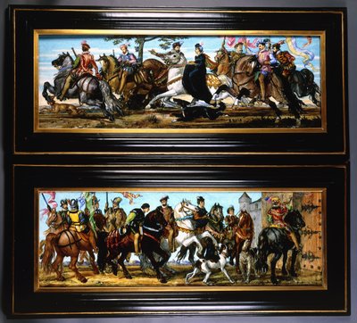 Een paar aardewerken muurplaten, met middeleeuwse scènes van jagers met honden door Joseph Theodore Deck
