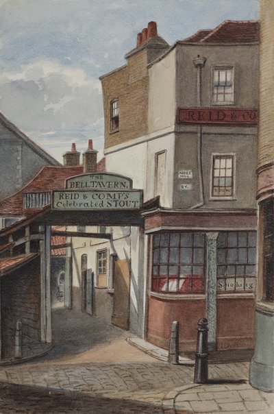 Uitzicht op Bell Tavern, Addle Hill, met bord voor Reid en Companys beroemde stout, en een stoeppaal, 1868 door Joseph Thomas Wilson