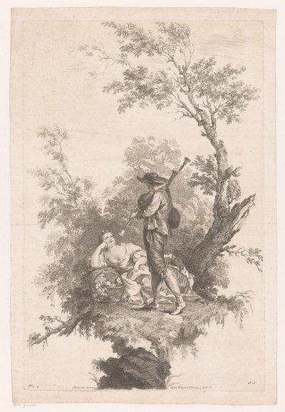 Herder doedelzak spelend voor een jonge vrouw door Joseph Wagner (possibly)