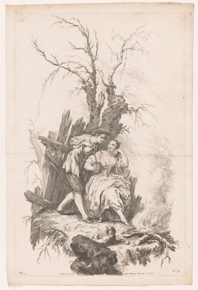 Man en vrouw met hond bij een vuur door Joseph Wagner (possibly)