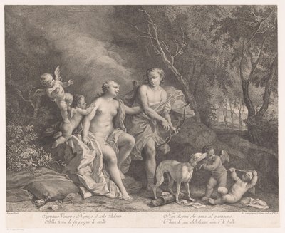 Venus en Adonis als geliefden met vier putti door Joseph Wagner (possibly)