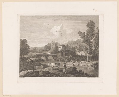 Rivierlandschap met herder en koeien op brug door Joseph Wagner