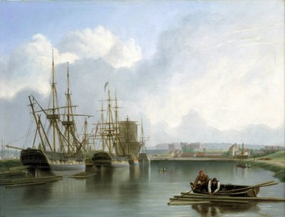 Beschrijving van de dokken in Bristol (Engeland), met Indiamanschepen die handelen en Amerikaans hout vervoeren, en ladingen hout die op het water drijven met twee mannen in een boot die ze verzamelen met haak en gaffel door Joseph Walter