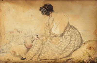 Presse-papier met rouwende vrouw met hond en uitzicht op Wenen door Joseph Weidner