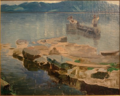 Rotsachtige landtong in de Eibsee met vissers door Joseph Wopfner