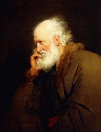 Een oude man, halflang, in een bruine met bont gevoerde jas door Joseph Wright of Derby