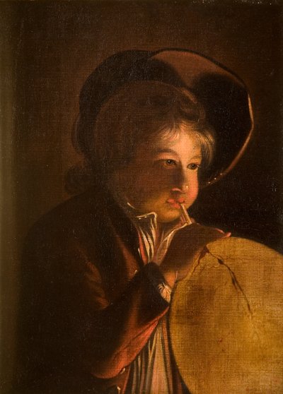 Jongen die een blaas opblaast bij kaarslicht door Joseph Wright of Derby