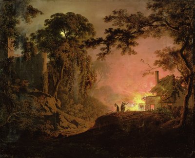 Huisje in brand door Joseph Wright of Derby