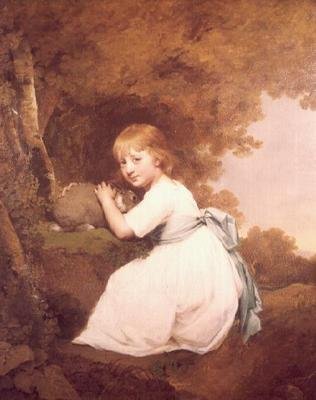 Miss Bentley in een witte jurk met een konijn door Joseph Wright of Derby