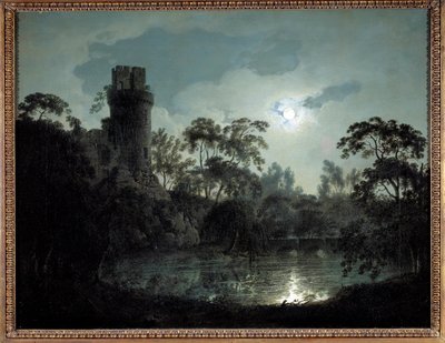 Maanlicht met meer en kasteel Romantisch nachtlandschap door Joseph Wright of Derby