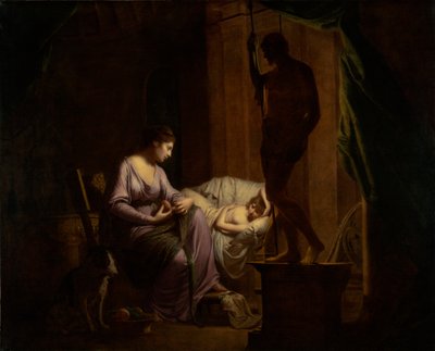 Penelope die haar web ontrafelt door Joseph Wright of Derby
