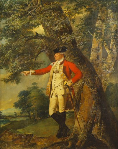Portret van kolonel Charles Heathcote, staand klein op volledige lengte in een bosrijk landschap, in het uniform van de vijfendertigste voet door Joseph Wright of Derby