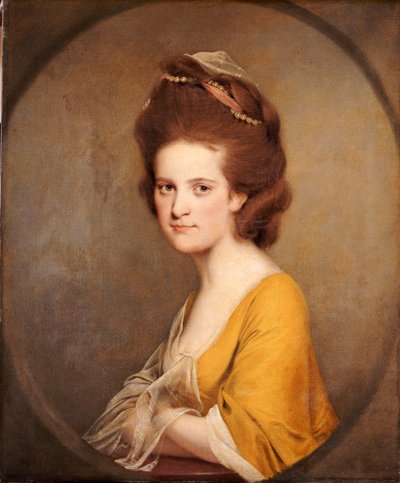 Portret van Dorothy Hodges, halve lengte, in een gele jurk door Joseph Wright of Derby