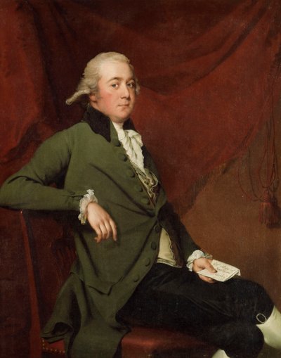 Portret van Edward Abney, zittend driekwart lengte, in een groene jas, een brief vasthoudend tegen een rode gordijn, laat 1780s door Joseph Wright of Derby