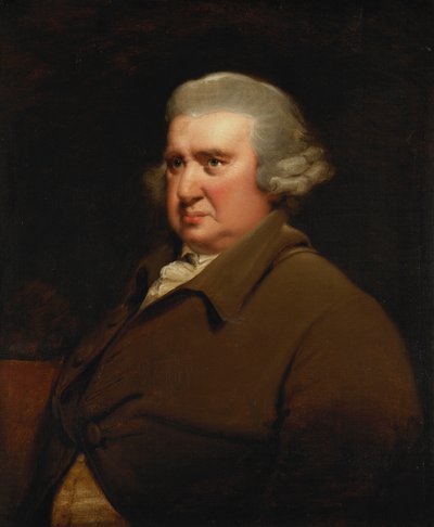 Portret van Erasmus Darwin, halve lengte, in een buffeljas en wit shirt door Joseph Wright of Derby