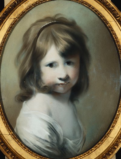 Portret van Harriet Wright, de dochter van de kunstenaar, als kind, buste lengte, kijkend over haar rechterschouder, door Joseph Wright of Derby
