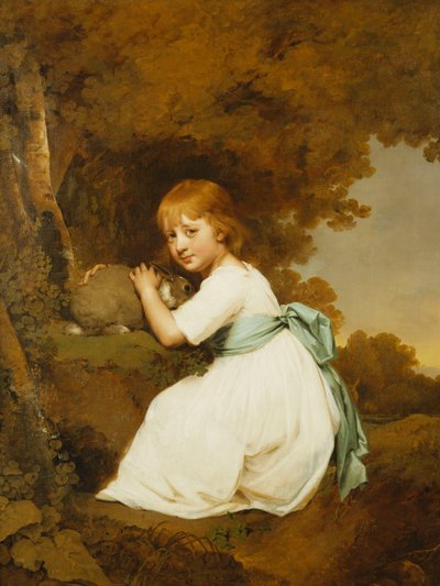 Portret van Miss Bentley, zittend volledige lengte, in een witte jurk, met een konijn in een landschap, c.1781 door Joseph Wright of Derby